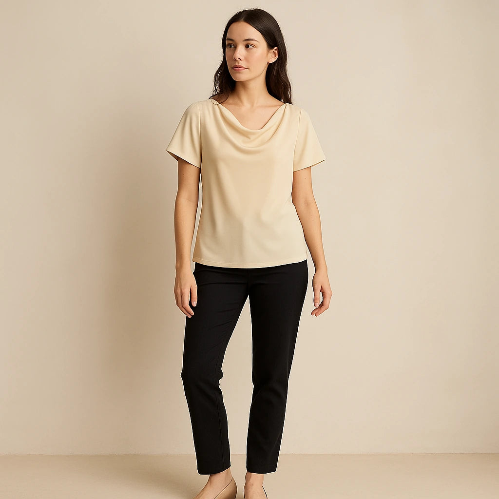 Second natural lifestyle image of a model wearing Apricot Cowl Neck Short Sleeve Tee Top Workwear Summer
