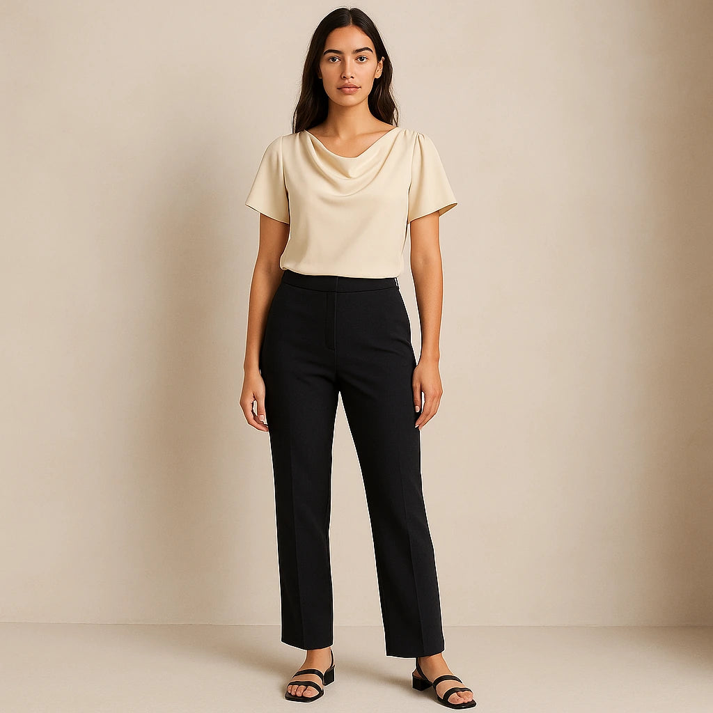 Third natural lifestyle image of a model wearing Apricot Cowl Neck Short Sleeve Tee Top Workwear Summer