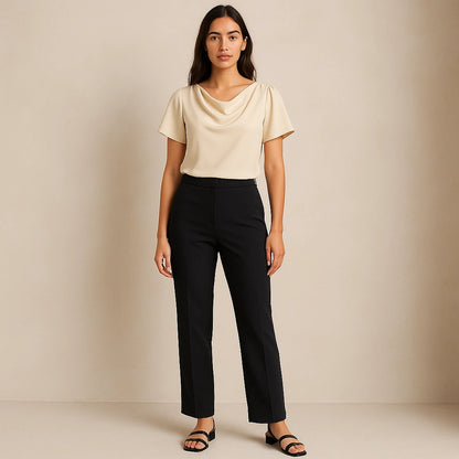 Third natural lifestyle image of a model wearing Apricot Cowl Neck Short Sleeve Tee Top Workwear Summer