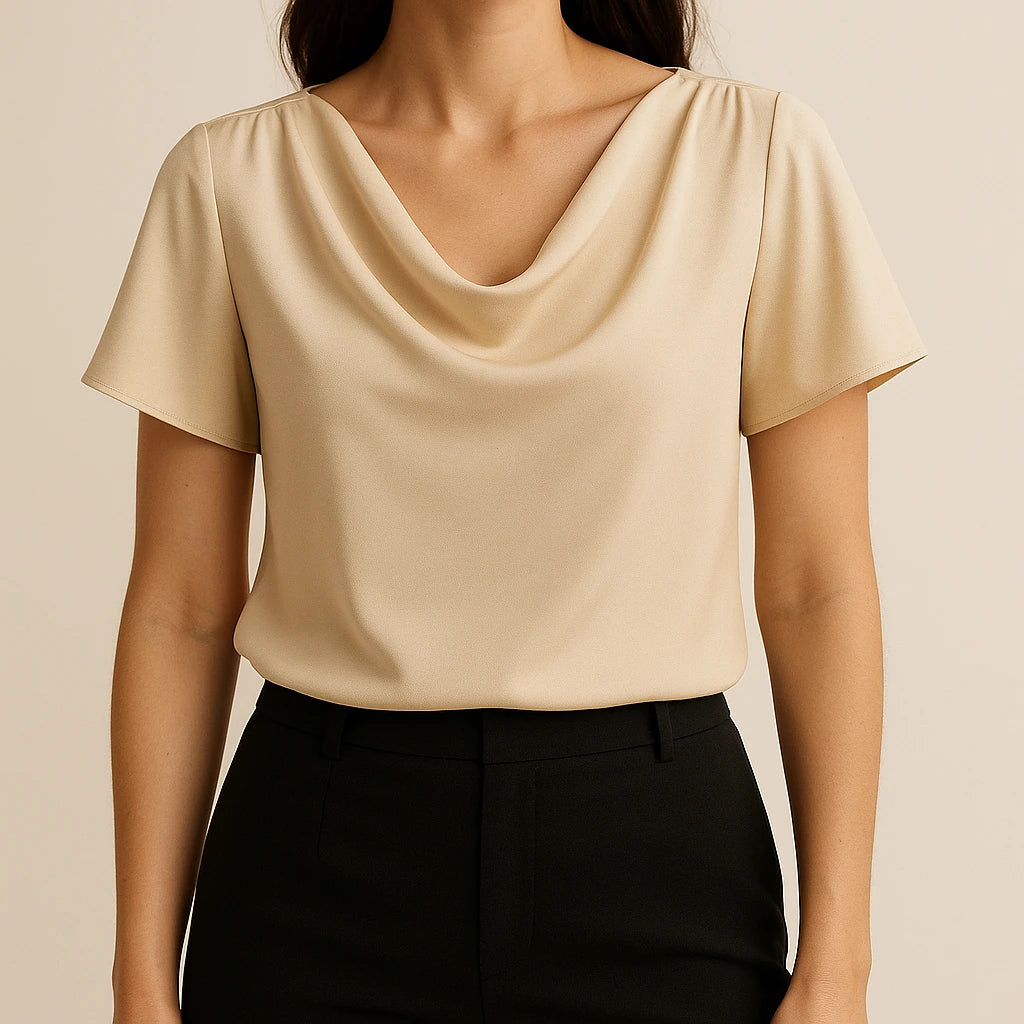 Model wearing Apricot Cowl Neck Short Sleeve Tee Top Workwear Summer with close focus on the product
