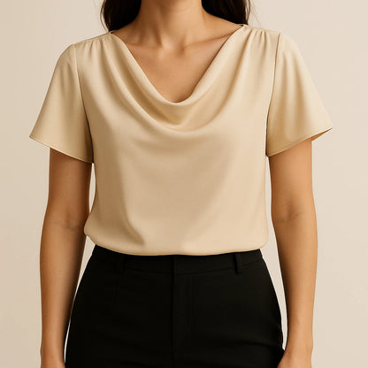 Model wearing Apricot Cowl Neck Short Sleeve Tee Top Workwear Summer with close focus on the product