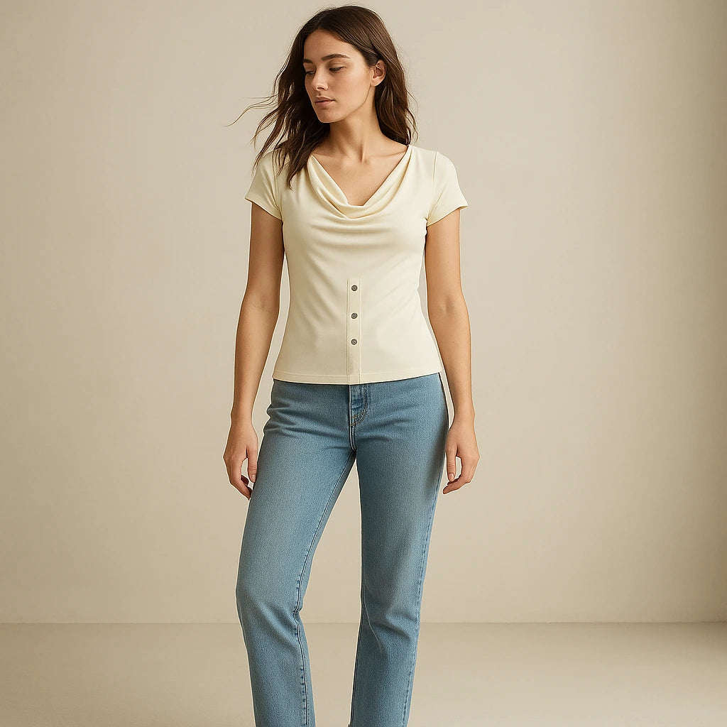 Natural lifestyle image of a model wearing Apricot Ruched Cowl Neck Tee Top Short Sleeve Polyester Modern Summer