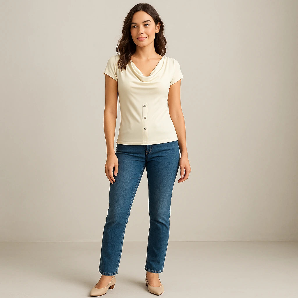 Second natural lifestyle image of a model wearing Apricot Ruched Cowl Neck Tee Top Short Sleeve Polyester Modern Summer