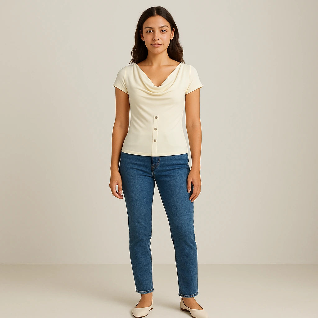 Third natural lifestyle image of a model wearing Apricot Ruched Cowl Neck Tee Top Short Sleeve Polyester Modern Summer