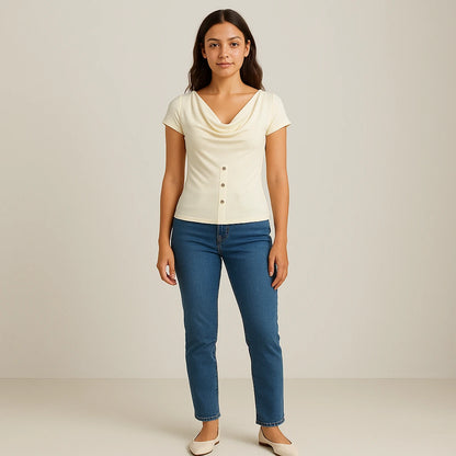 Third natural lifestyle image of a model wearing Apricot Ruched Cowl Neck Tee Top Short Sleeve Polyester Modern Summer