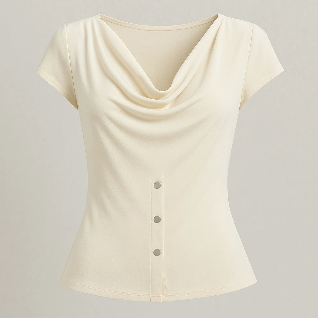 Isolated product image of Apricot Ruched Cowl Neck Tee Top Short Sleeve Polyester Modern Summer on simple background