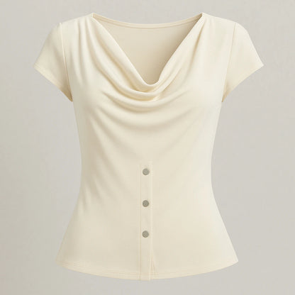 Isolated product image of Apricot Ruched Cowl Neck Tee Top Short Sleeve Polyester Modern Summer on simple background