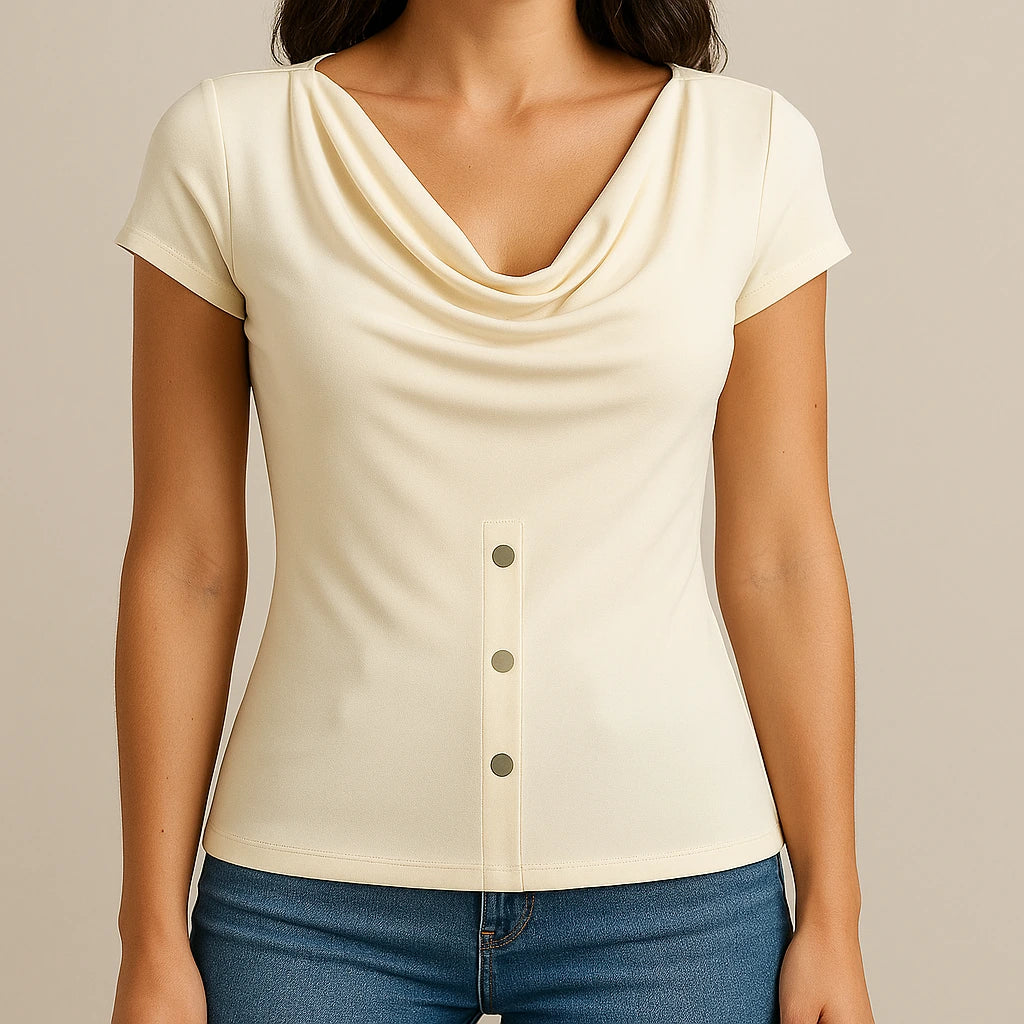 Model wearing Apricot Ruched Cowl Neck Tee Top Short Sleeve Polyester Modern Summer with close focus on the product