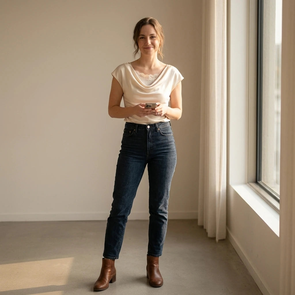 Natural lifestyle image of a model wearing apricot-cowl-neck-lace-tee
