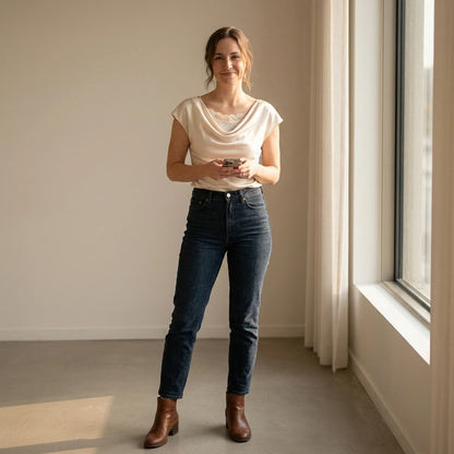 Natural lifestyle image of a model wearing apricot-cowl-neck-lace-tee