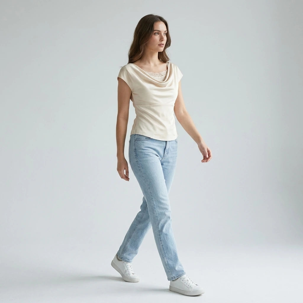 Second natural lifestyle image of a model wearing apricot-cowl-neck-lace-tee