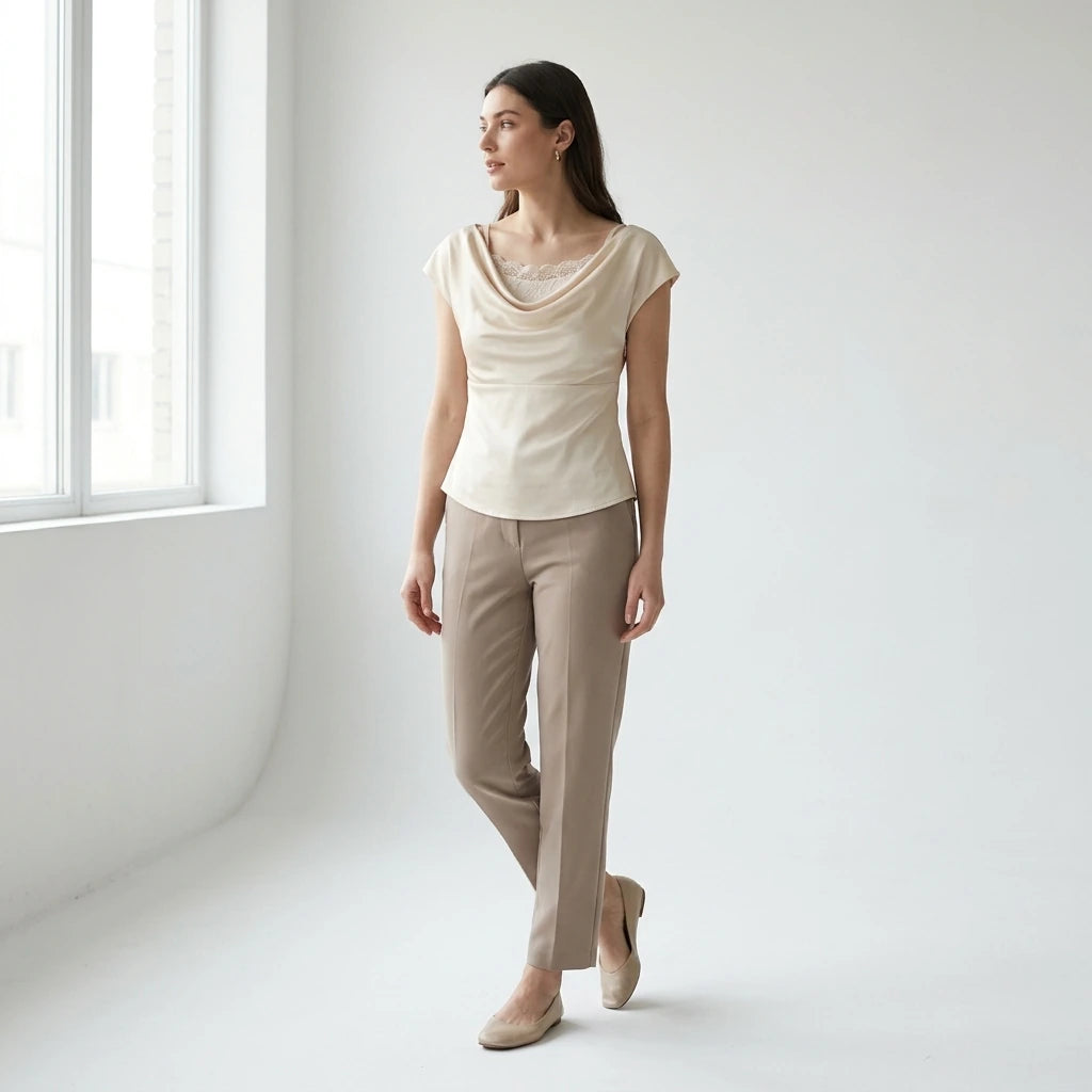 Third natural lifestyle image of a model wearing apricot-cowl-neck-lace-tee
