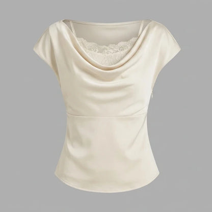Front product-only image of apricot-cowl-neck-lace-tee