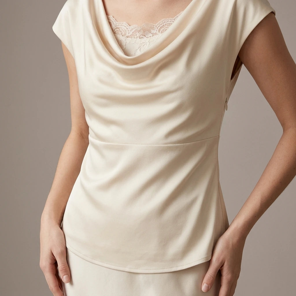 Model wearing apricot-cowl-neck-lace-tee with close focus on the product