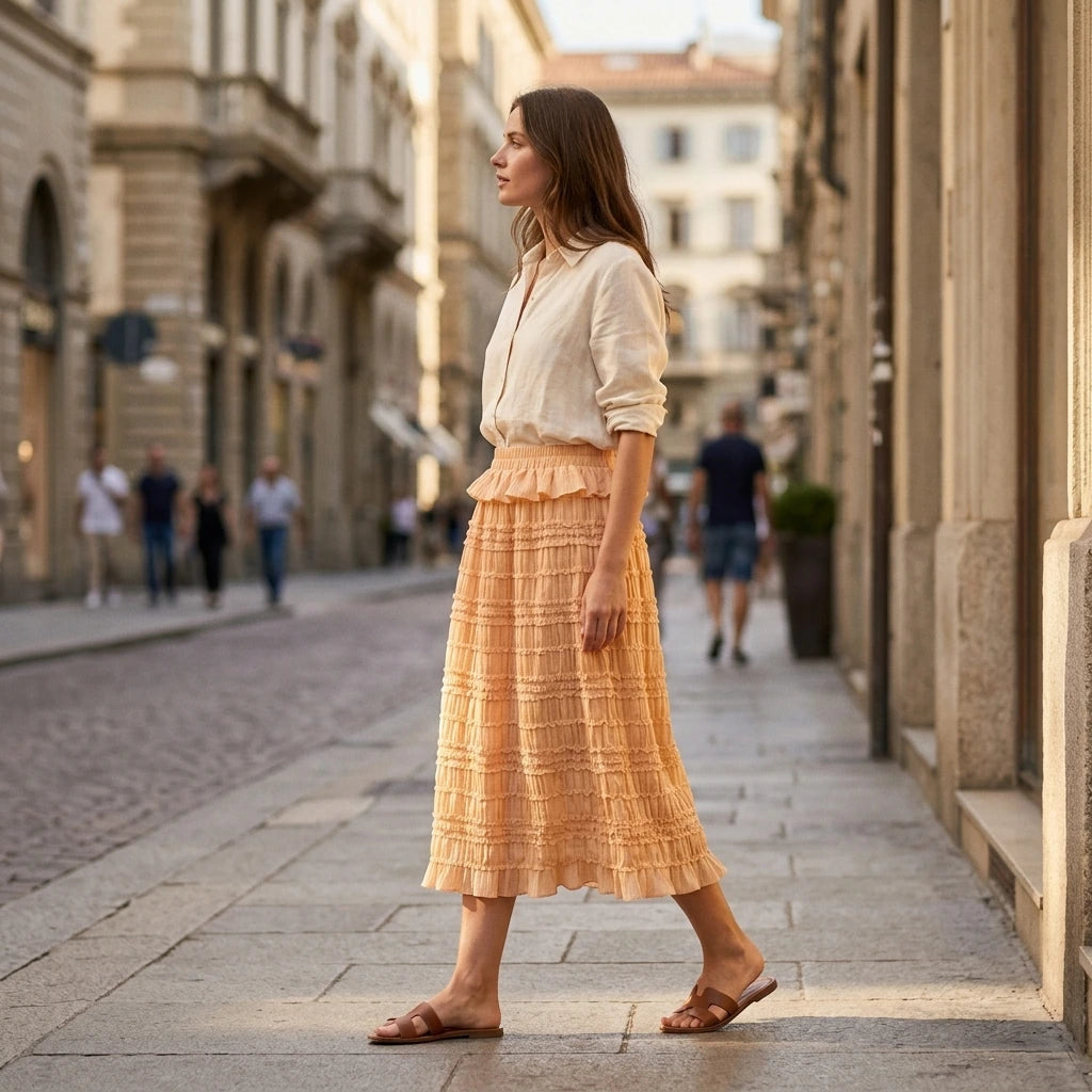 Natural lifestyle image of a model wearing apricot-elastic-waist-shirred-midi-skirt