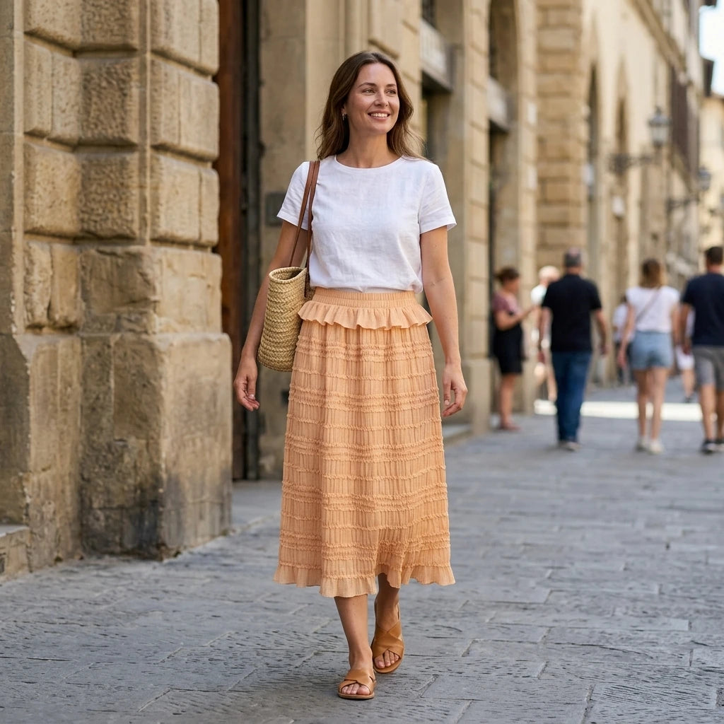 Third natural lifestyle image of a model wearing apricot-elastic-waist-shirred-midi-skirt