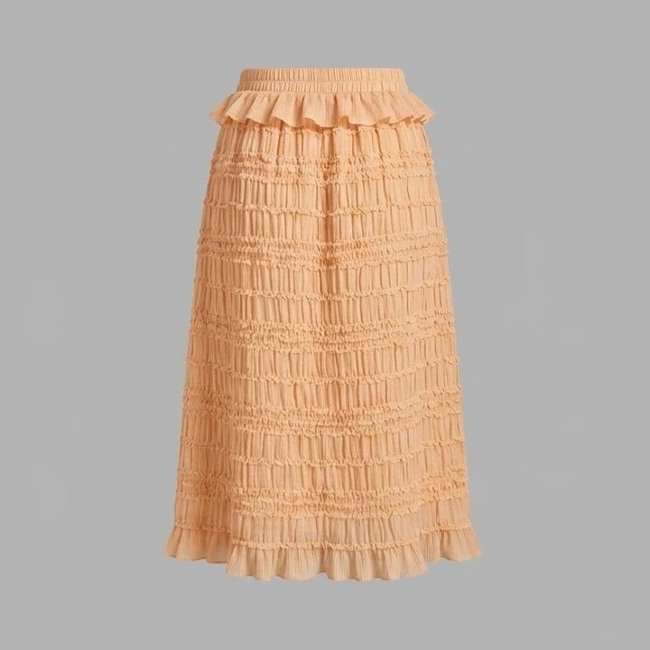 Back product-only image of apricot-elastic-waist-shirred-midi-skirt