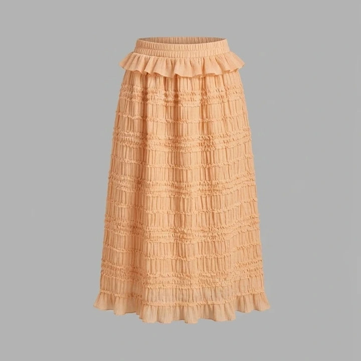 Front product-only image of apricot-elastic-waist-shirred-midi-skirt