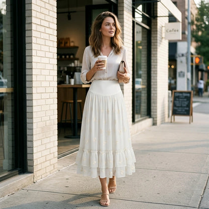 Natural lifestyle image of a model wearing Apricot Embroidery Ruffle Midi Skirt