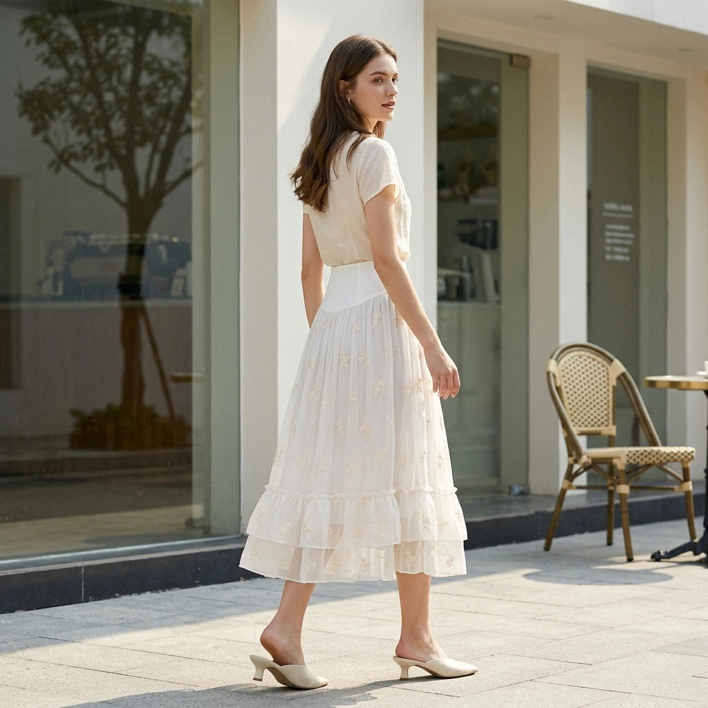 Second natural lifestyle image of a model wearing Apricot Embroidery Ruffle Midi Skirt