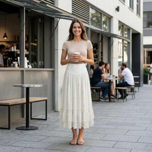 Third natural lifestyle image of a model wearing Apricot Embroidery Ruffle Midi Skirt