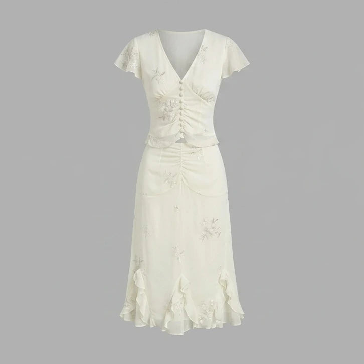 Front product-only image of Apricot Embroidery Ruffle Midi Skirt