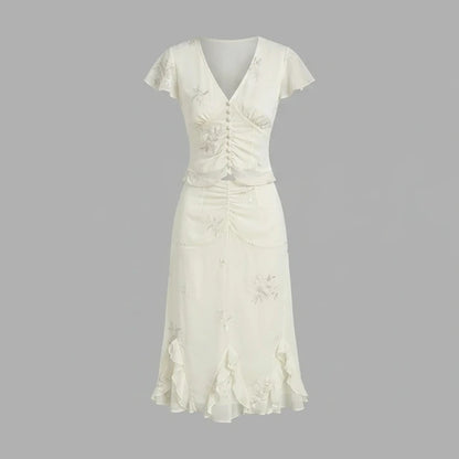 Front product-only image of Apricot Embroidery Ruffle Midi Skirt