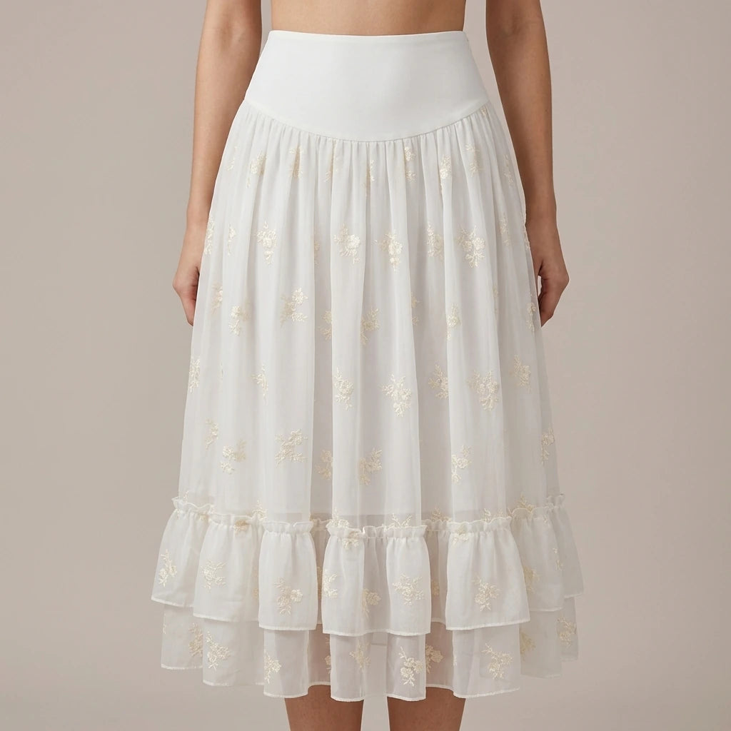 Model wearing Apricot Embroidery Ruffle Midi Skirt with close focus on the product