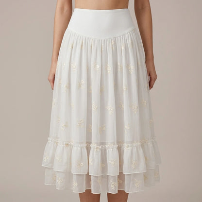 Model wearing Apricot Embroidery Ruffle Midi Skirt with close focus on the product