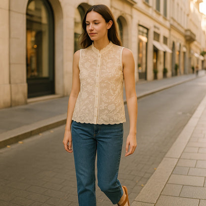 Natural lifestyle image of a model wearing Apricot Floral Embroidery Tank Top Sleeveless Stylish Summer