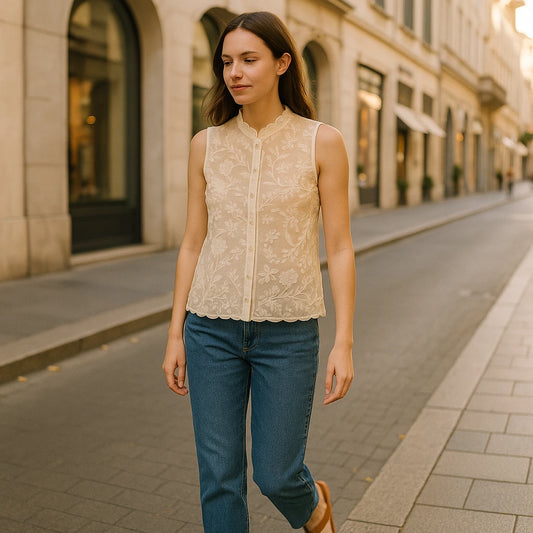 Natural lifestyle image of a model wearing Apricot Floral Embroidery Tank Top Sleeveless Stylish Summer