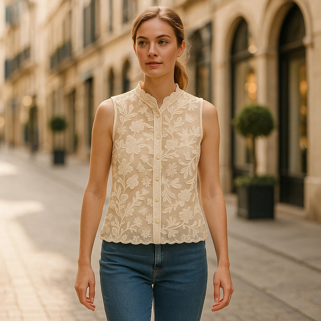 Second natural lifestyle image of a model wearing Apricot Floral Embroidery Tank Top Sleeveless Stylish Summer