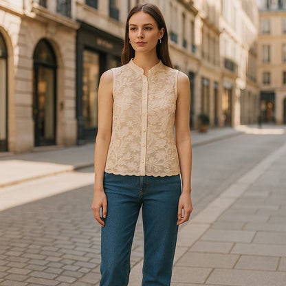 Third natural lifestyle image of a model wearing Apricot Floral Embroidery Tank Top Sleeveless Stylish Summer