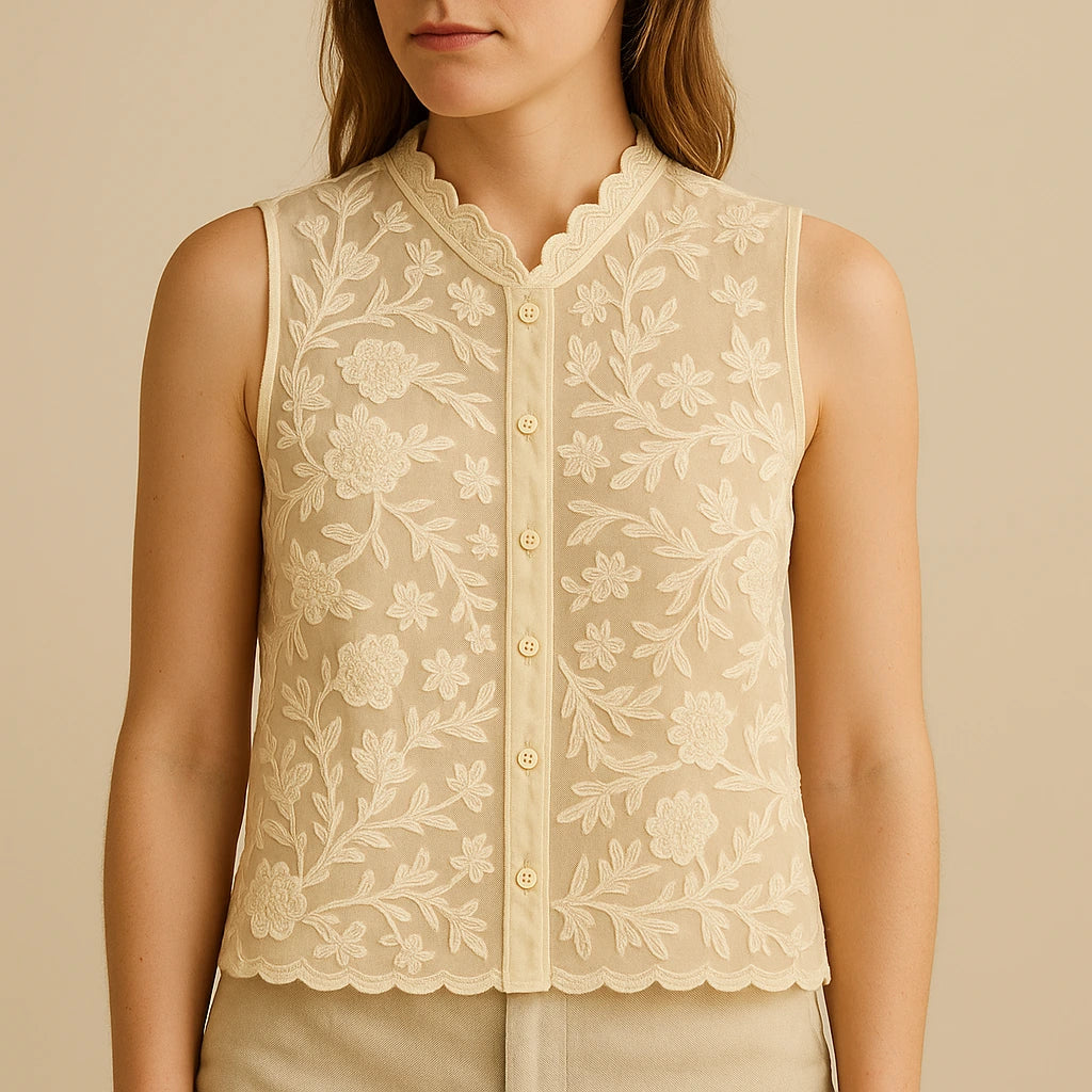 Model wearing Apricot Floral Embroidery Tank Top Sleeveless Stylish Summer with close focus on the product