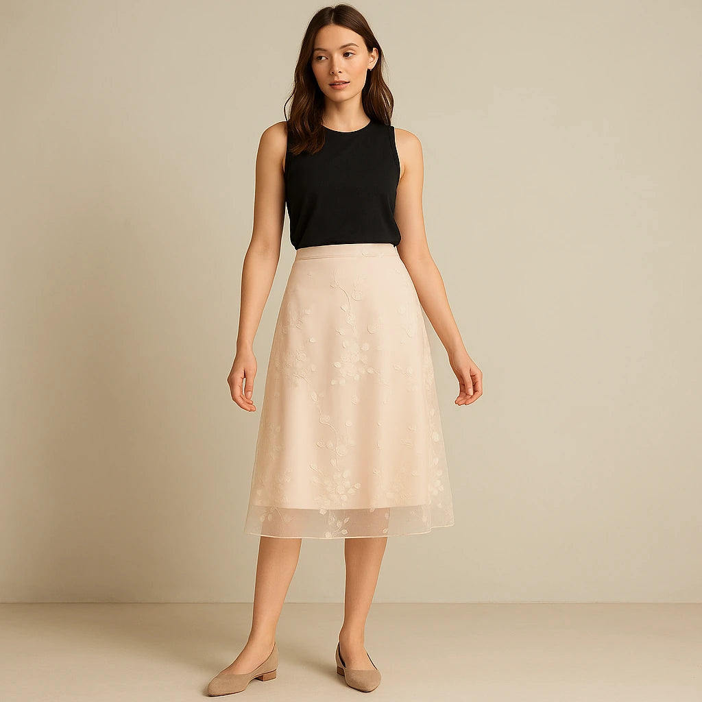 Second natural lifestyle image of a model wearing Apricot Floral Embroidered Mesh Midi Skirt High Waist A-Line Elegant