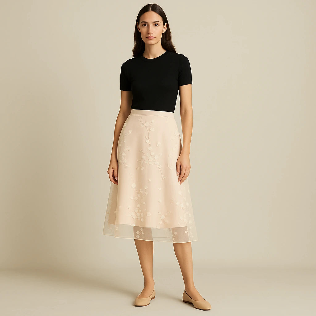 Third natural lifestyle image of a model wearing Apricot Floral Embroidered Mesh Midi Skirt High Waist A-Line Elegant