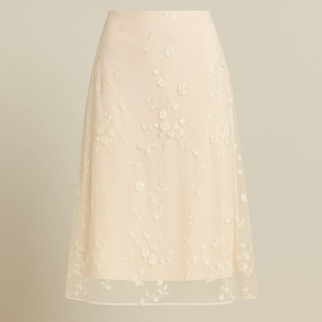 Isolated product image of Apricot Floral Embroidered Mesh Midi Skirt High Waist A-Line Elegant on simple background