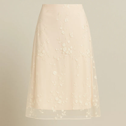 Isolated product image of Apricot Floral Embroidered Mesh Midi Skirt High Waist A-Line Elegant on simple background