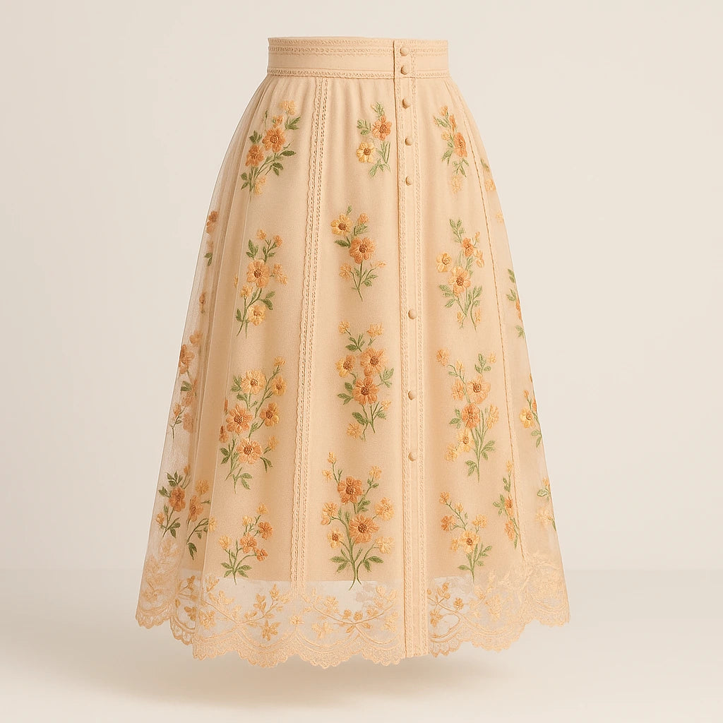 Isolated product image of Apricot Floral Embroidered Mesh Midi Skirt High Waist A-Line Elegant, three-quarter angle view