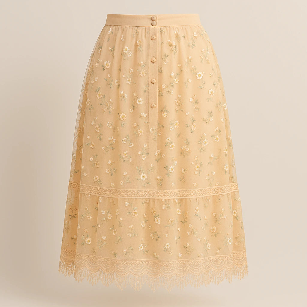 Isolated product image of Apricot Floral Embroidered Mesh Midi Skirt High Waist A-Line Elegant, front view