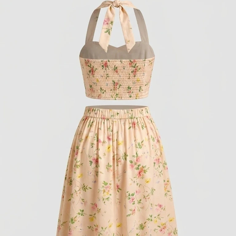 Back product-only image of Apricot Floral Halter Two-Piece Skirt Set