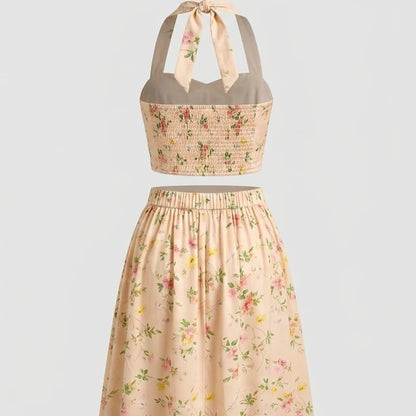 Back product-only image of Apricot Floral Halter Two-Piece Skirt Set