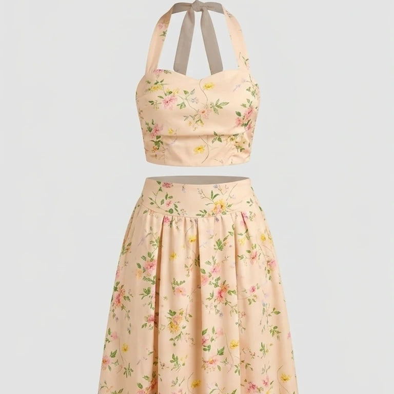 Front product-only image of Apricot Floral Halter Two-Piece Skirt Set