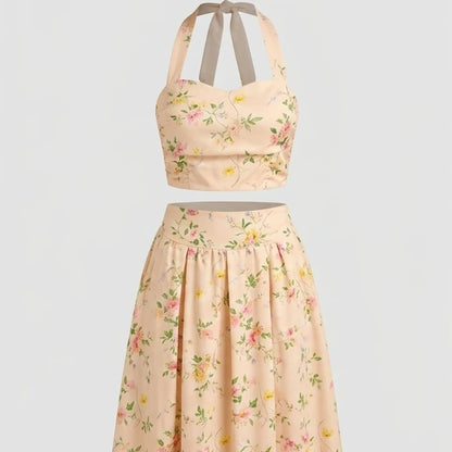 Front product-only image of Apricot Floral Halter Two-Piece Skirt Set