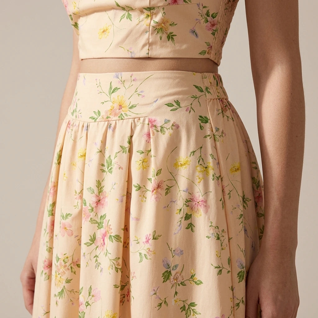 Model wearing Apricot Floral Halter Two-Piece Skirt Set with close focus on the product