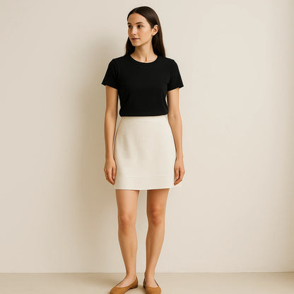 Second natural lifestyle image of a model wearing Apricot Floral Textured Short Skirt High Waist Straight Fit Casual