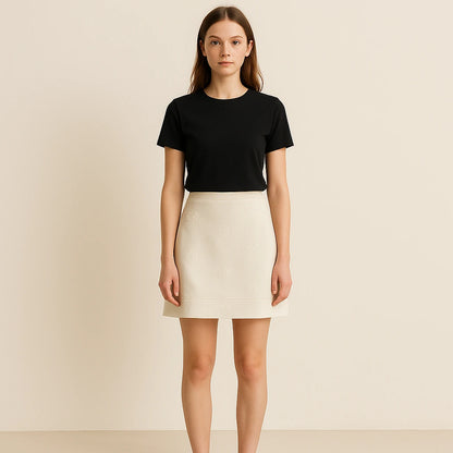 Third natural lifestyle image of a model wearing Apricot Floral Textured Short Skirt High Waist Straight Fit Casual