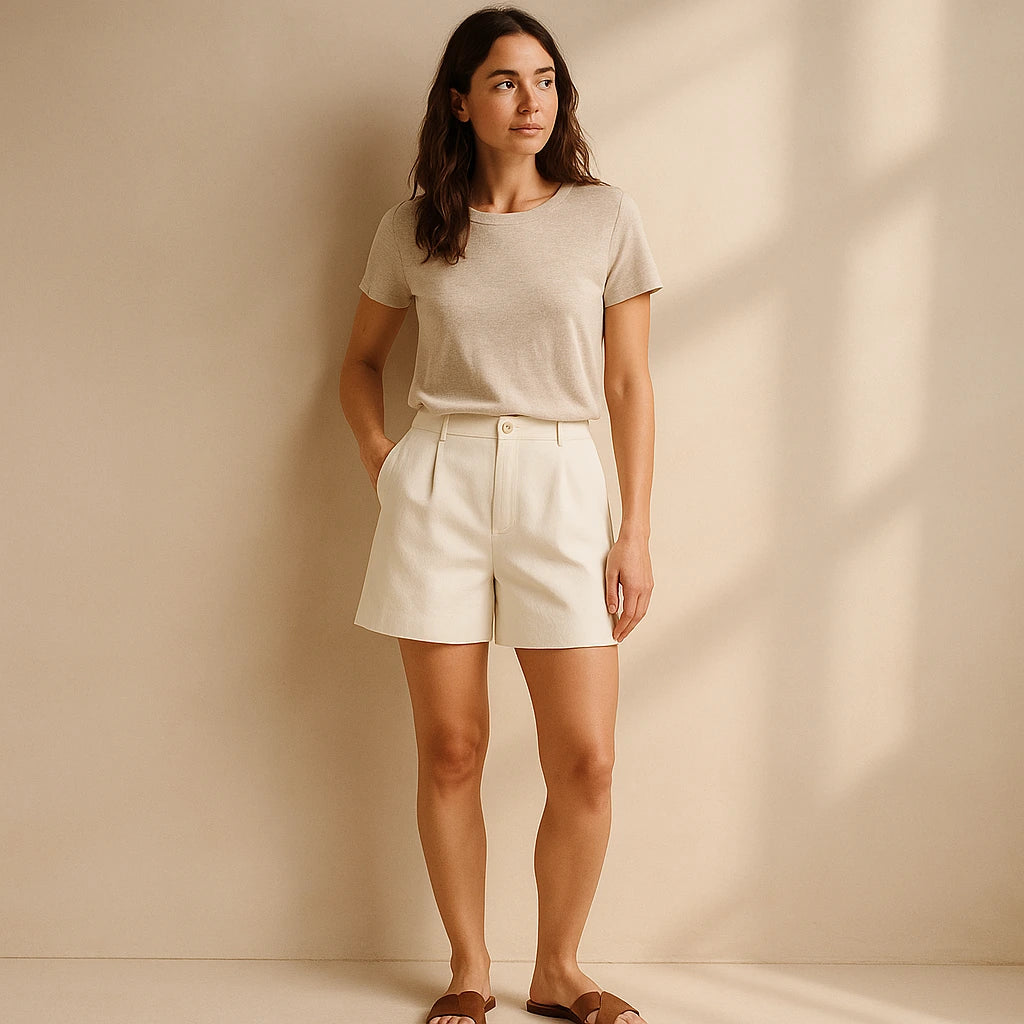 Natural lifestyle image of a model wearing Apricot Pockets Jacquard Shorts Polyester Refined Summer Modern
