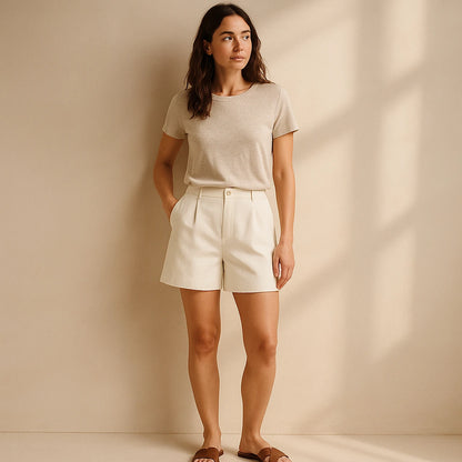 Natural lifestyle image of a model wearing Apricot Pockets Jacquard Shorts Polyester Refined Summer Modern