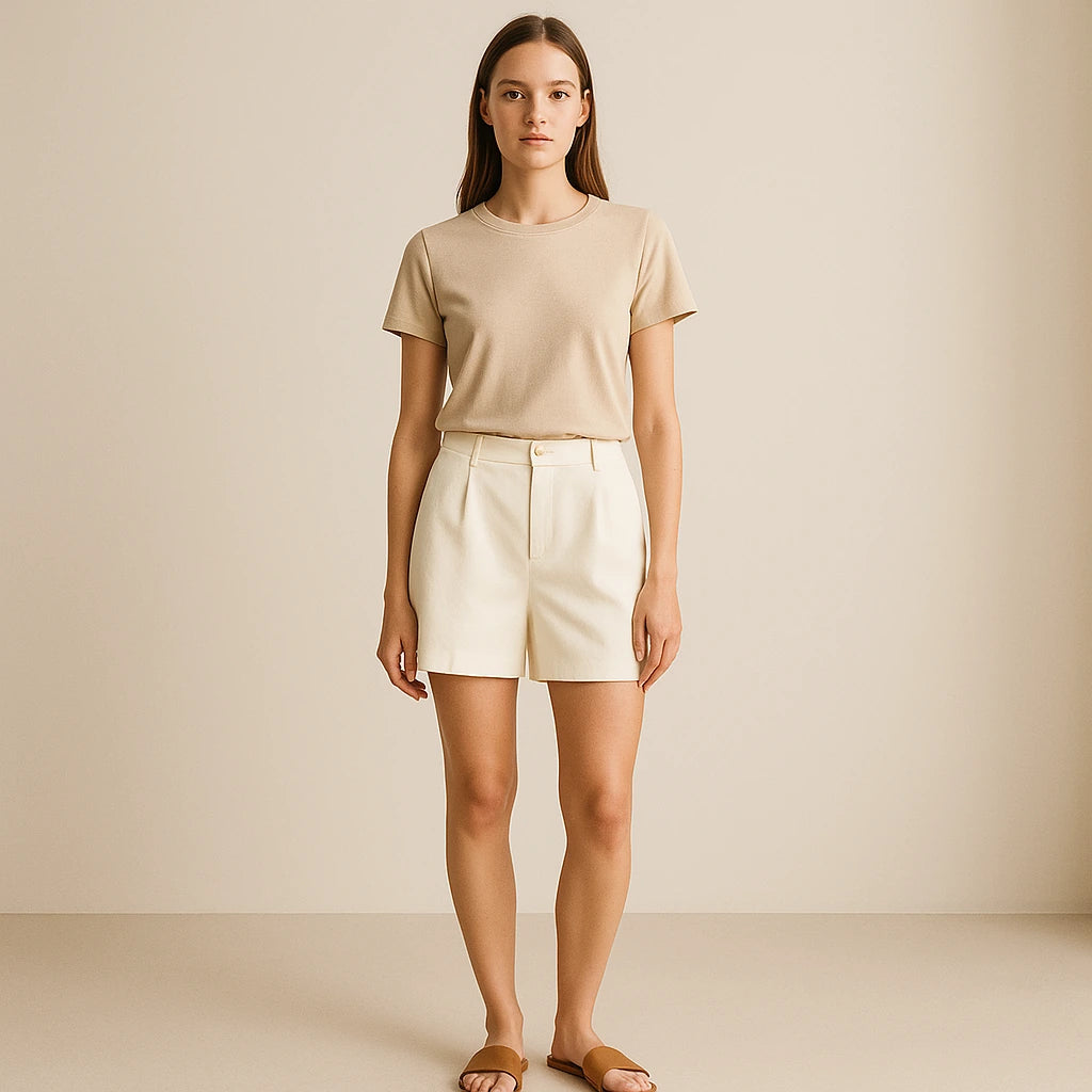 Third natural lifestyle image of a model wearing Apricot Pockets Jacquard Shorts Polyester Refined Summer Modern